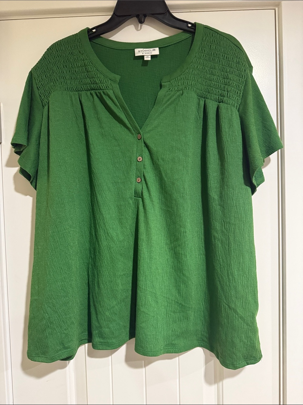 Studio B Green Short-Sleeve Smocked Yoke Button Top